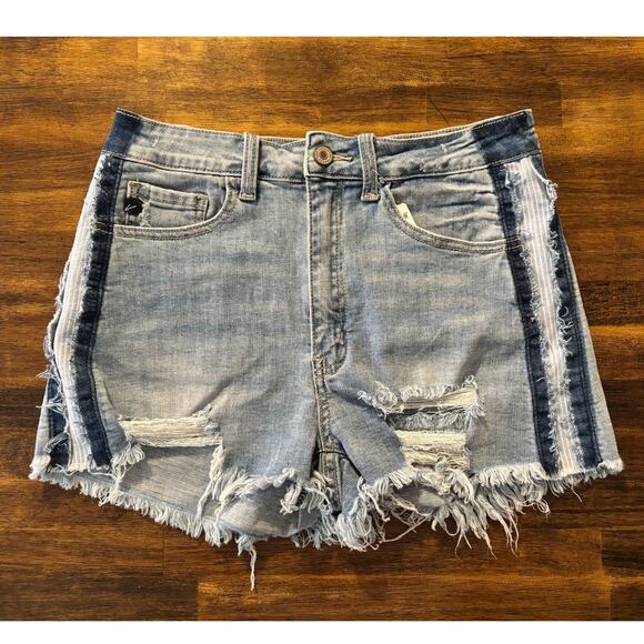 Kancan Women’s Large Denim Shorts Blue Jean Cut Offs High Rise Stretch Frayed - Picture 1 of 10